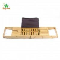 Bamboo Wooden Bathtub Tray Caddy with Extending Sides Reading Rack Holder and Wine Glass Holder